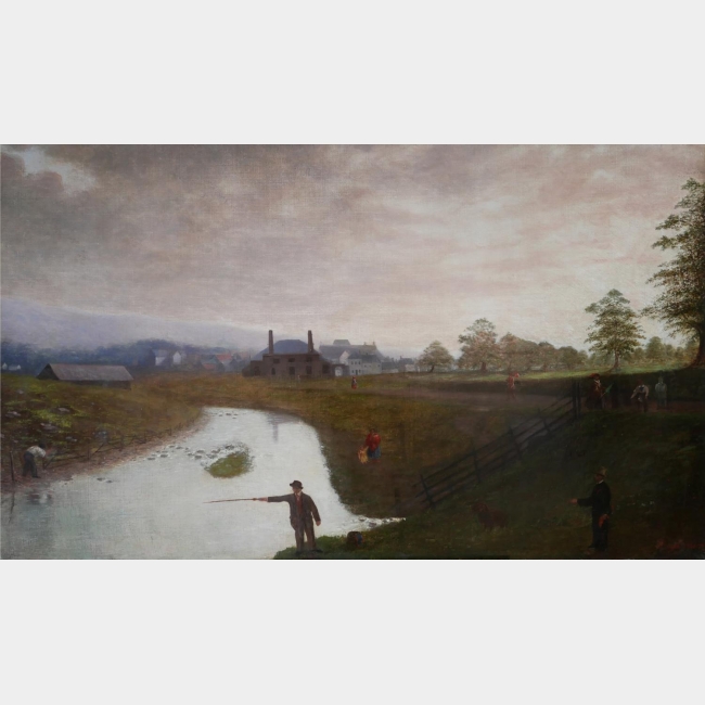 A LARGE 19TH CENTURY OIL ON CANVAS American provincial school river landscape
