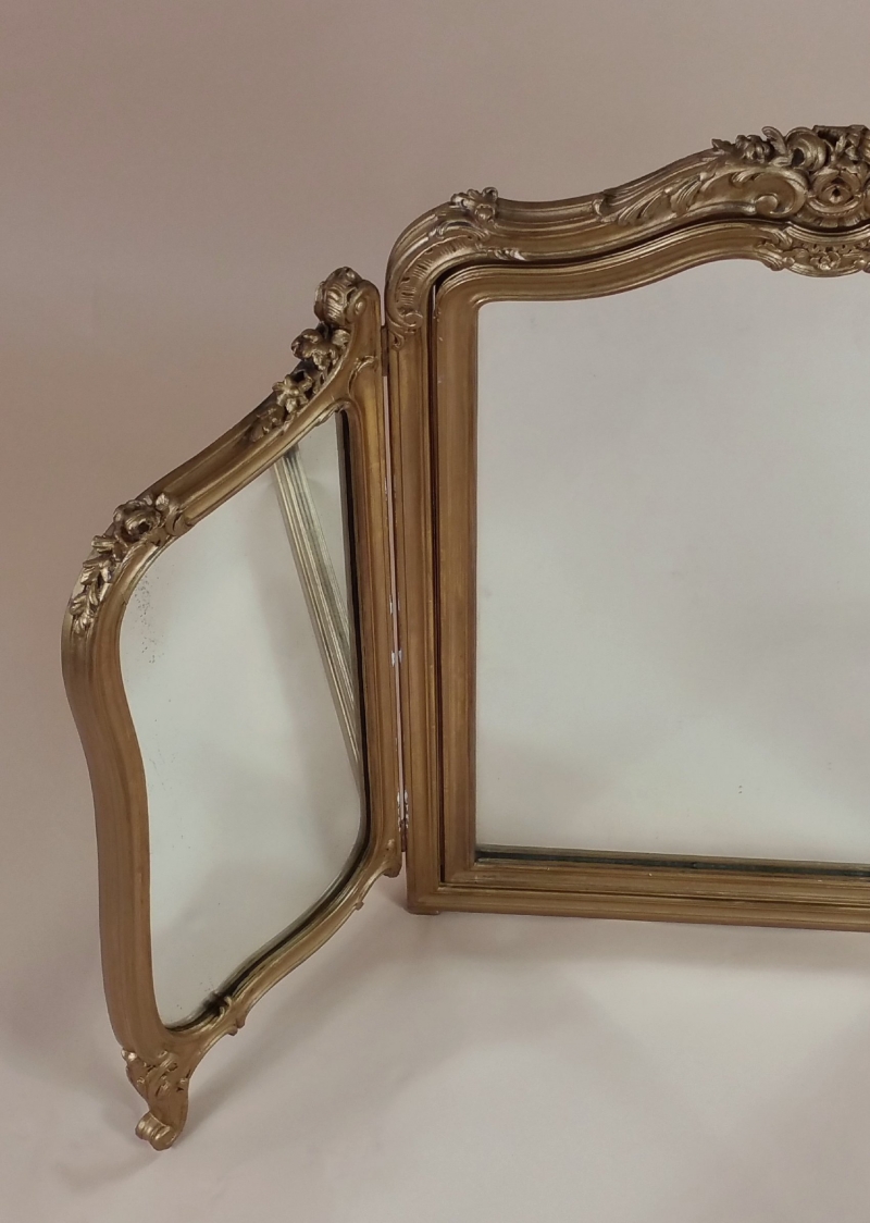 19th C. English Carved Gilt Wood Folding Triptych Mirror