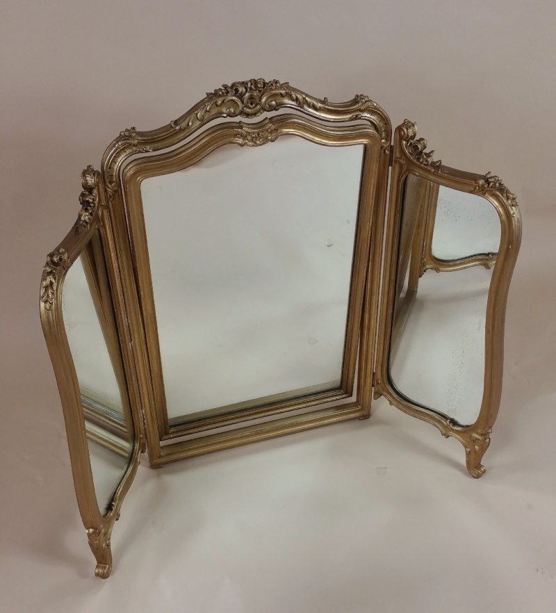 19th C. English Carved Gilt Wood Folding Triptych Mirror