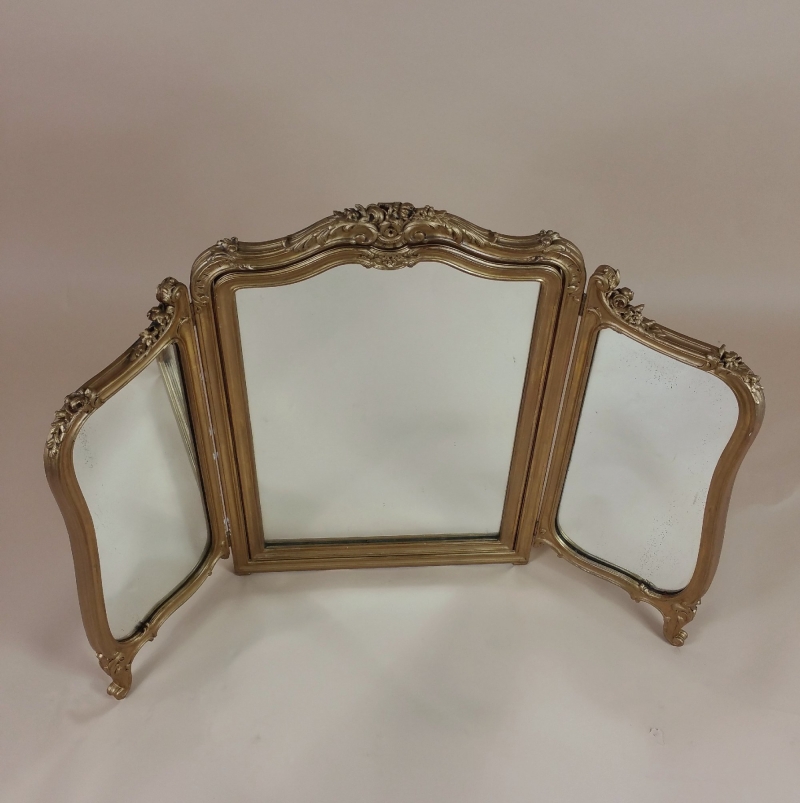 19th C. English Carved Gilt Wood Folding Triptych Mirror