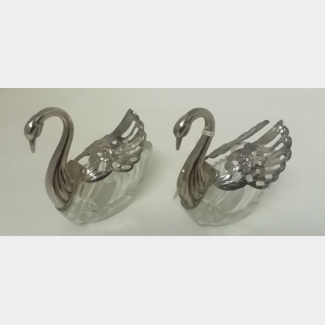 Pair of Glass Silver Plated Swan Salts C1900