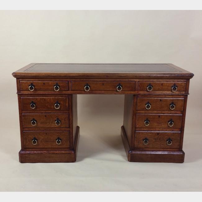Victorian Gothic Oak Nine-Drawer Pedestal Desk with Leather Top