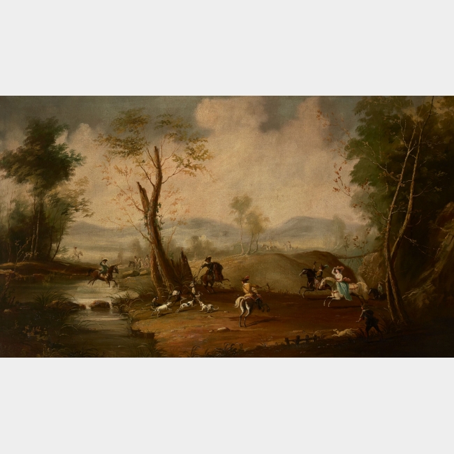 After Philips Wouwerman (Haarlem 1619-1668)  Large 19th century century oil on canvas Stage hunt
