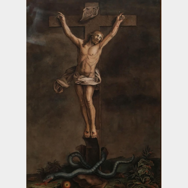 A FINE 18TH CENTURY PEN, INK AND WATERCOLOUR Christ on the cross with snake,