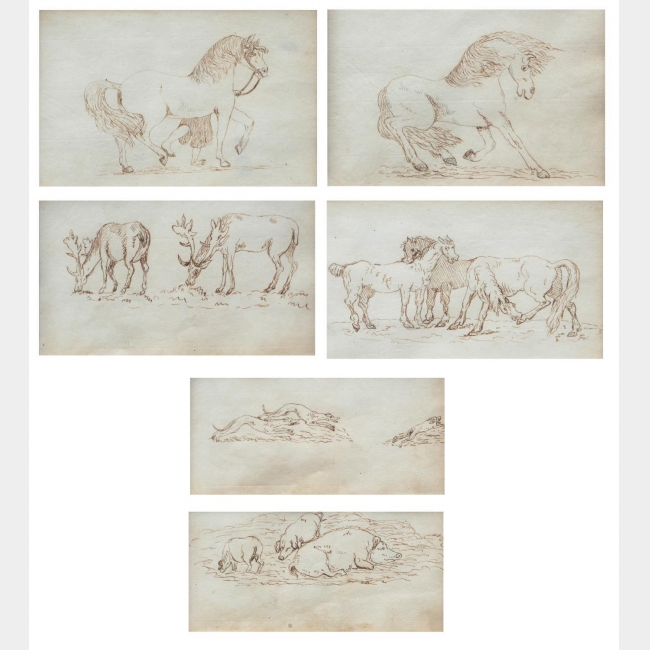 ATTRIBUTED TO GEORGE STUBBS, A.R.A., LIVERPOOL, 1724 - 1806, LONDON, SIX LATE 18TH CENTURY STUDY DRAWINGS