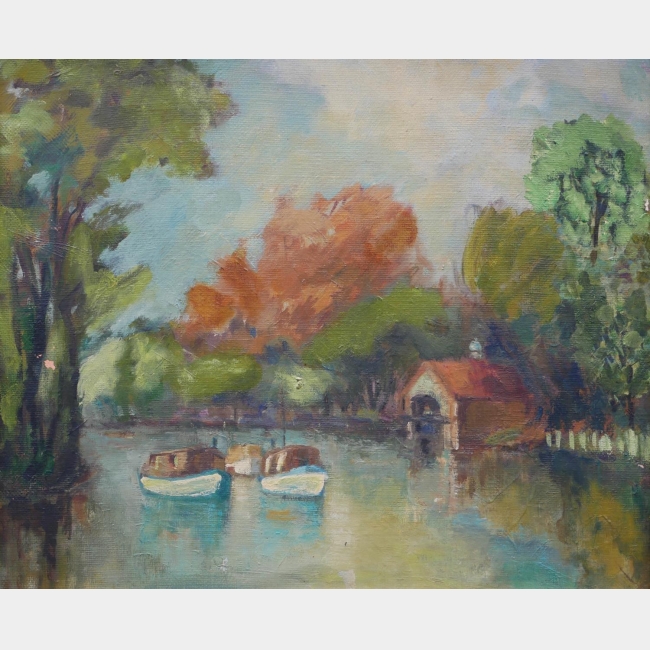 FOLLOWER OF RONALD OSSORY DUNLOP, 1894 - 1973, OIL ON CANVAS The River Thames at Kingston,