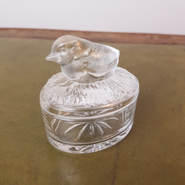 SOLD Petit French Pressed Glass Chick Butter Dish