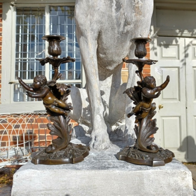 19th Century Bronze Candlesticks with Cherubs