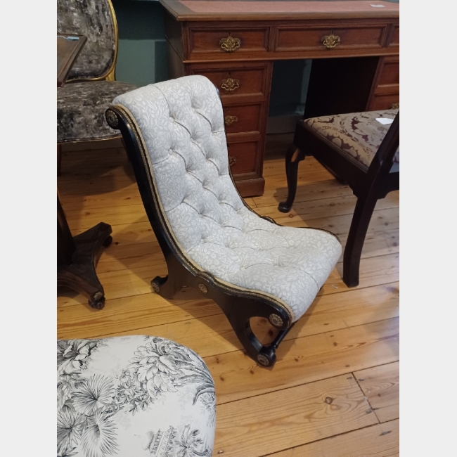 c.19th Ebonised Slipper Chair with brass inlays