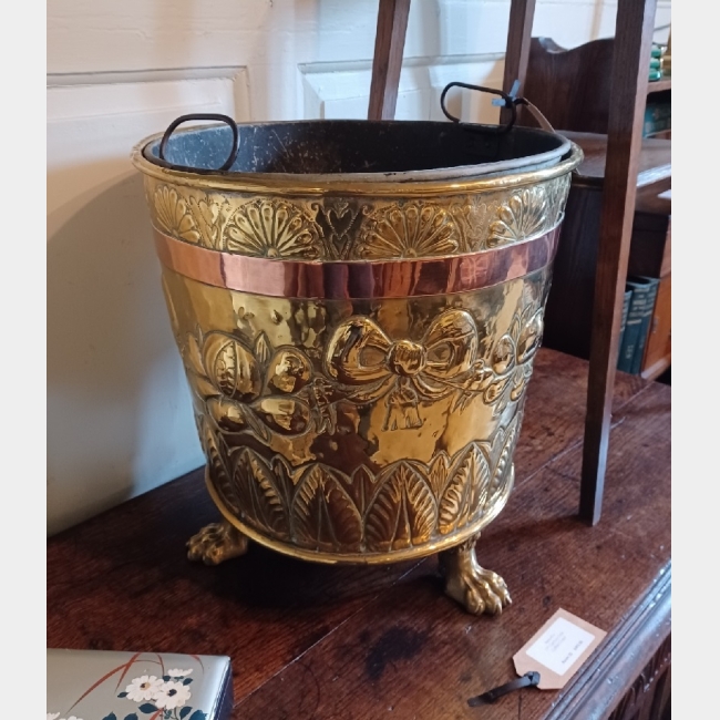 SOLD Brass & Copper Banded Coal Bucket