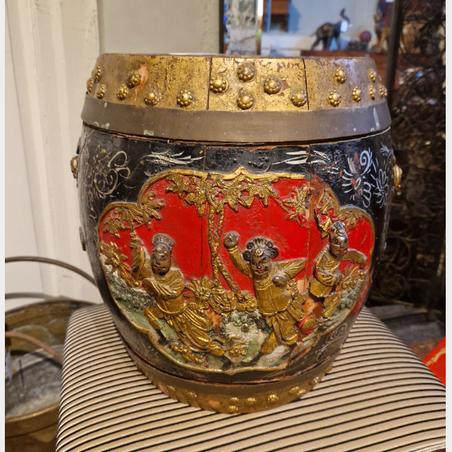 NOW SOLD  Chinese Wood Rice Barrel Garden Seat Highly Decorated in Chinoiserie Style