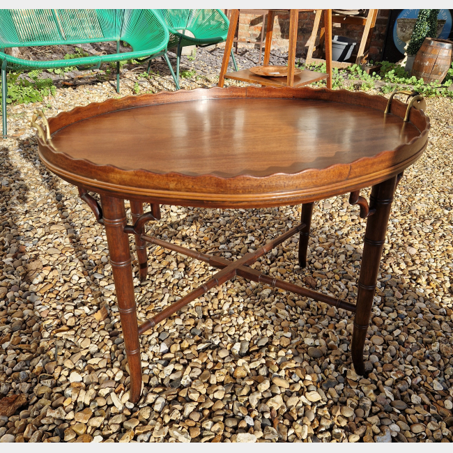 A Fine George III Oval Serving Tray with Scalloped Gallery on a later Faux Bamboo Base as a low table