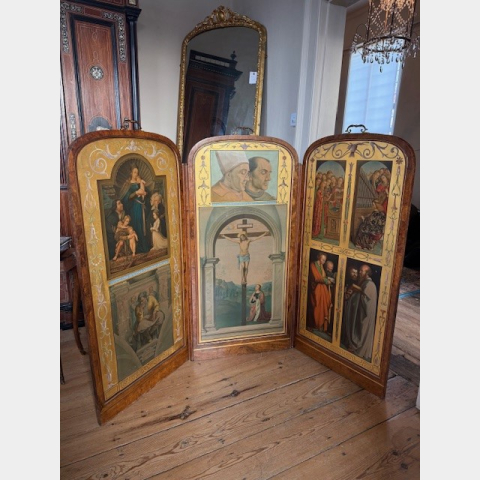 A Victorian renaissance revival pictorial and silk three fold icon screen