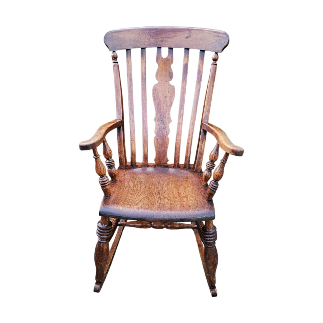 A 19TH CENTURY ASH AND ELM LATHE BACK ROCKING CHAIR