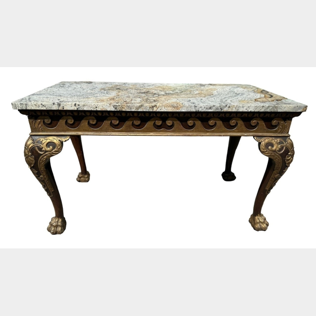 MANNER OF WILLIAM KENT, A GEORGE III CARVED WALNUT AND PARCEL GILT CENTRE TABLE