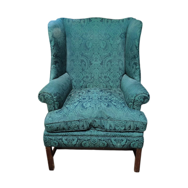 18th Century George III Wing Armchair In Green Leon Damask Upholstery.