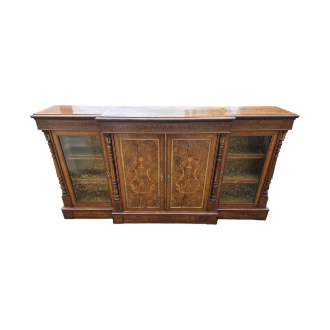 A High Victorian Burr Walnut And Tunbridge Marquetry Inlaid Breakfront Side Cabinet.
