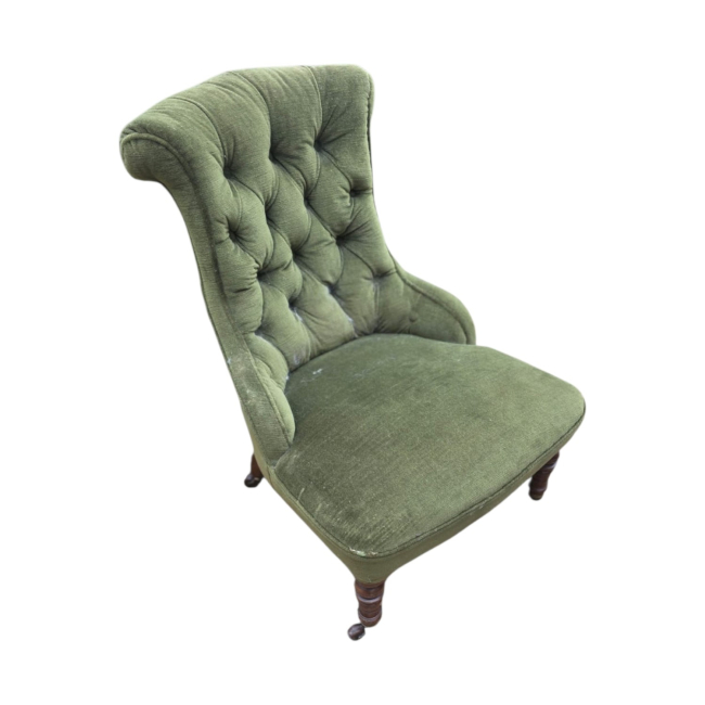 A Victorian Nursing/Bedroom Chair In Green Button Back Velvet Upholstery.