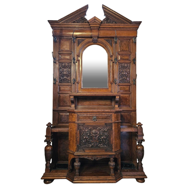 A Rare & Impressive Victorian Pollard Oak Hall Stand With Central Mirror.